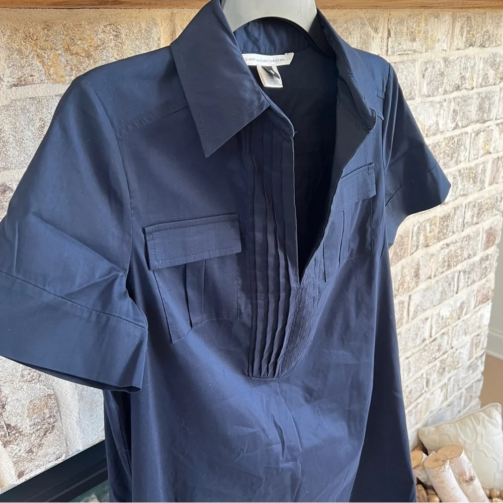Diane Von Furstenberg Dress Navy Blue Short Sleeve Shirt Dress 6 DVF Designer - Picture 14 of 14